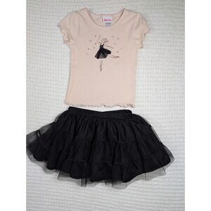 Little Lass Girls Pink Ballerina Ribbed Top and Black Tulle Tutu Skirt Set 4